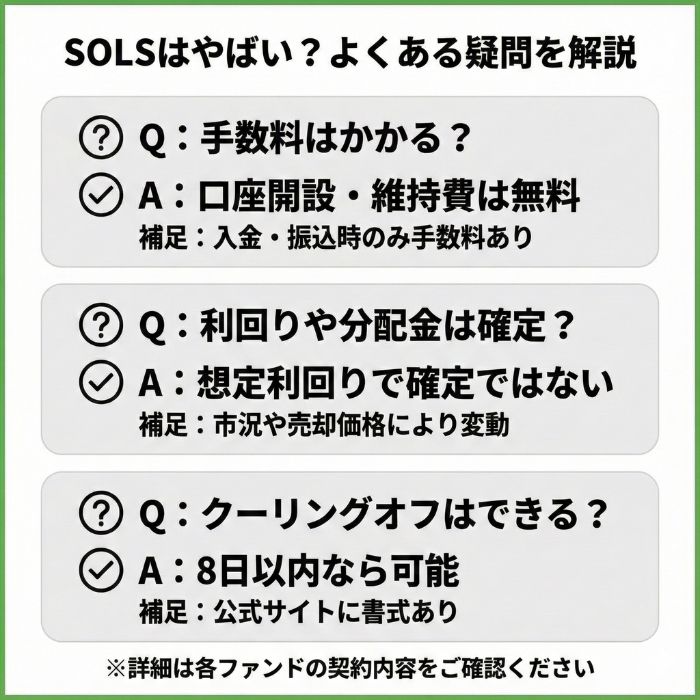 SOLSのよくある質問をまとめた図解。